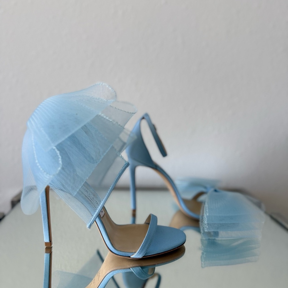 New Jimmy Choo Blue Aveline 100 Bow-trimmed Sandals $1,195 37.5 - Picture 11 of 13